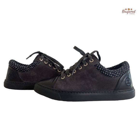 Authentic CHANEL Gray Black Suede Leather Tweed Low Top Lace Up Sneakers 36/6 - Picture 1 of 16
